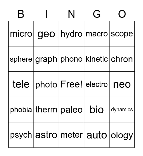 Greek Combining Forms Bingo Card