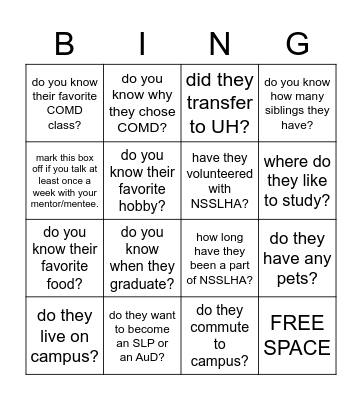 Mentor and Mentee Bingo Card