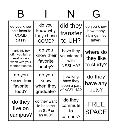 Mentor and Mentee Bingo Card