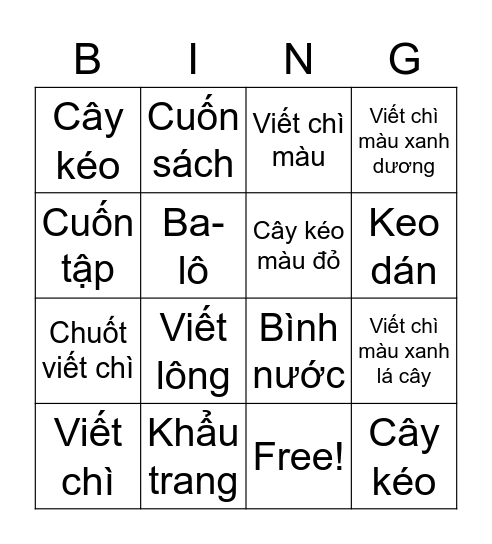 School Supplies-ONLY WORDS Bingo (Vietnamese) Bingo Card
