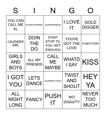 706 RANDOM PARTY SONGS Bingo Card
