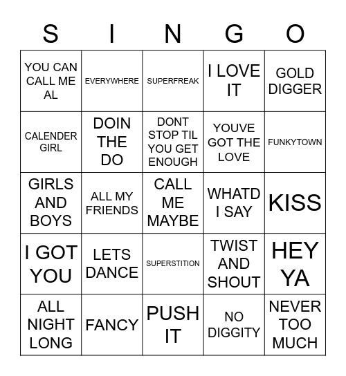 706 RANDOM PARTY SONGS Bingo Card