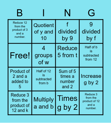 Algebraic Expressions Bingo Card