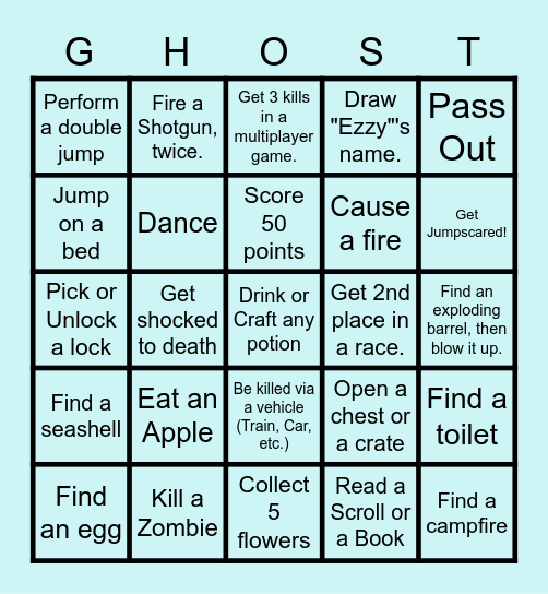 Ghost's Video Game Scavenger Hunt Bingo Card