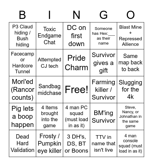 DBD Bingo Card