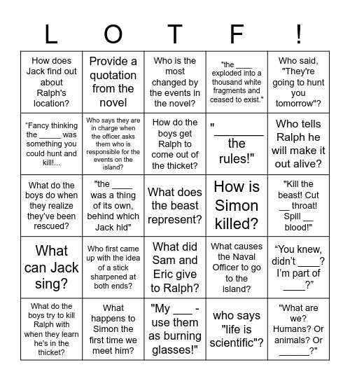 Lord of the Flies Bingo! Bingo Card