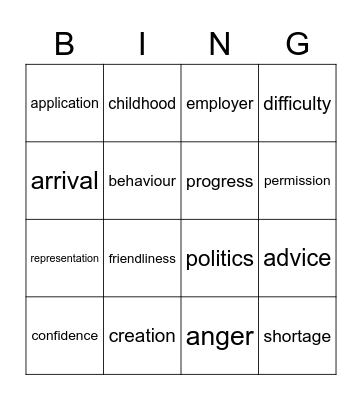 abstract nouns Bingo Card