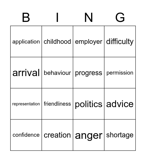 abstract nouns Bingo Card