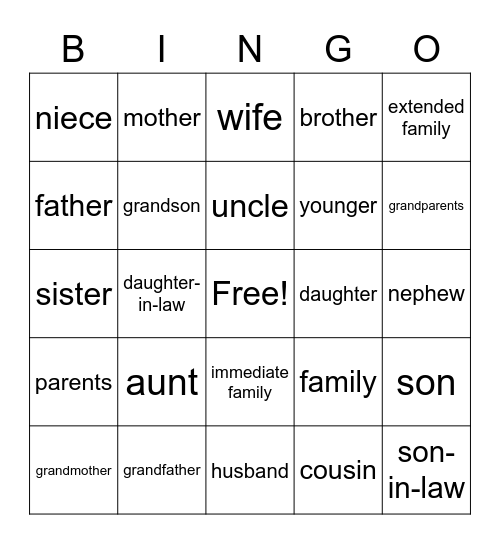 Talking About Families Bingo Card
