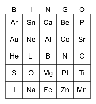 Periodic Table Bingo Card