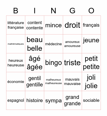 vocabulaire Bingo Card