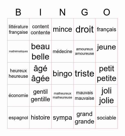 vocabulaire Bingo Card
