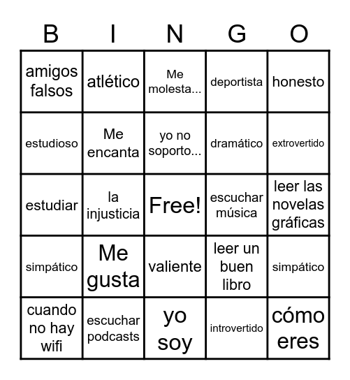 Gustos vs. Disgustos Bingo Card