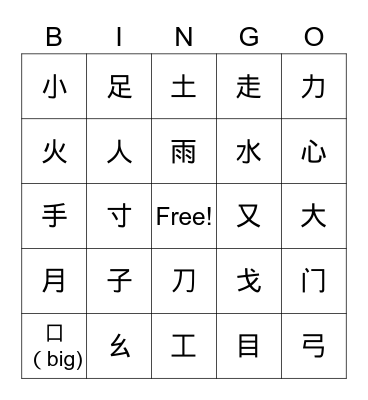 Chinese radical Bingo Card