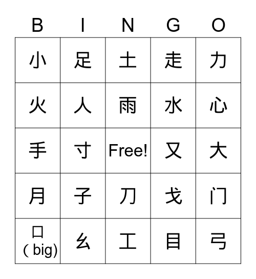 Chinese radical Bingo Card