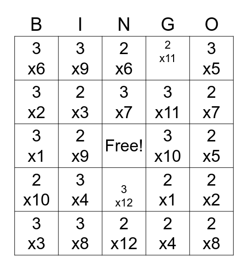 Multiplication of 2 & 3 Bingo Card