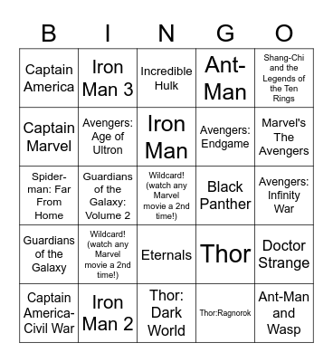 Marvel Movie Bingo Card