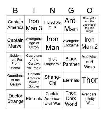 Marvel Movie Bingo Card