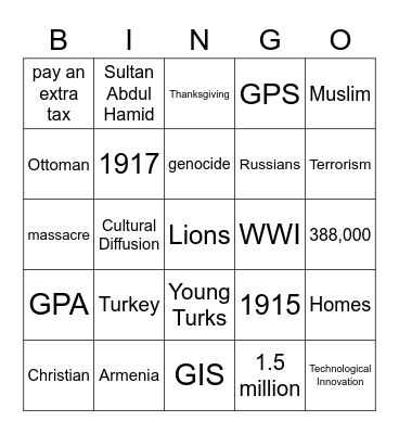 Armenian Genocide Bingo Card
