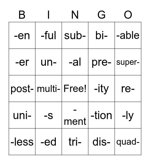 Prefix and Suffix Bingo Card