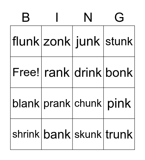 ink ank onk unk Bingo Card