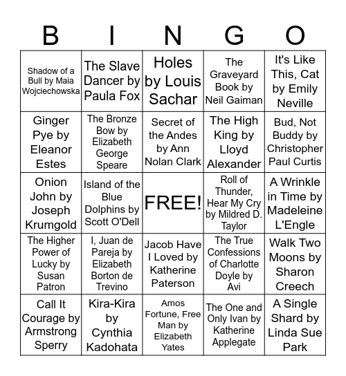 Newbery Award Bingo Card