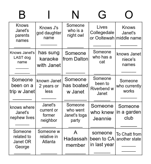 Janet's Birthday Party BINGO Card