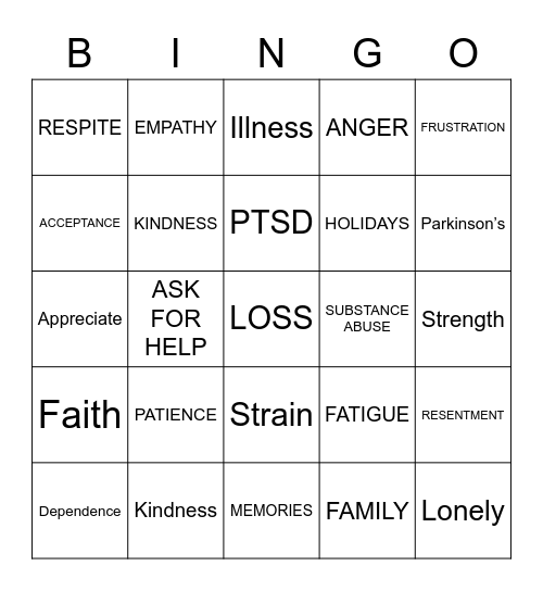 CAREGIVER Bingo Card