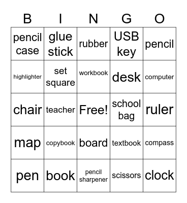 Bingo! School things words Bingo Card