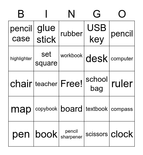 Bingo! School things words Bingo Card