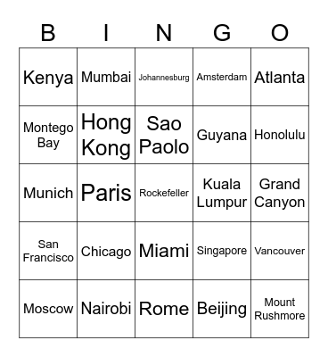 Places Traveled Bingo Card