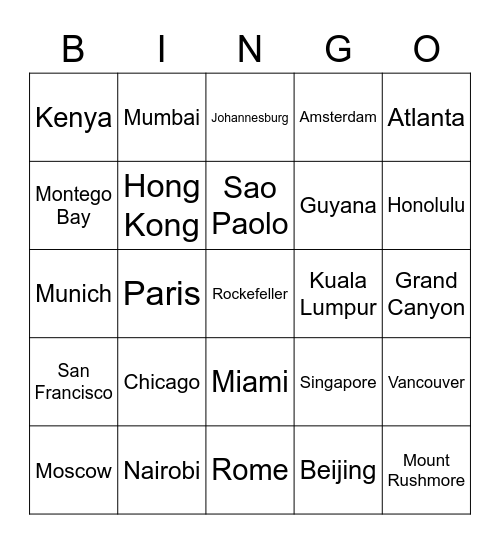 Places Traveled Bingo Card