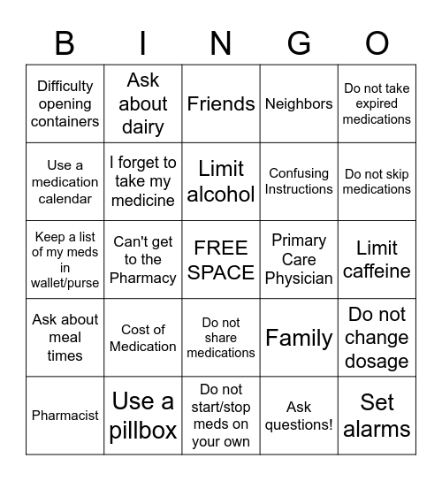 Medication Management BINGO! Bingo Card