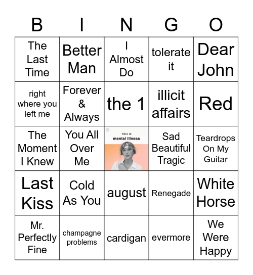 Taylor Swift Bingo - Heartbreak Anthems Bingo Card