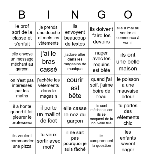 French 1 Day 66 List 7 Bingo Card