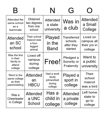 College Day BINGO Card