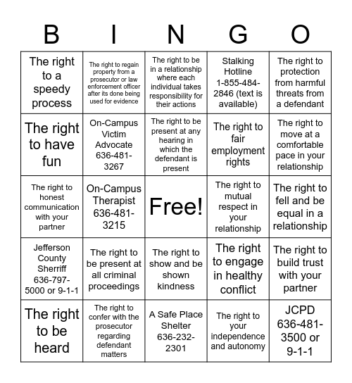 Rights and Resources Bingo Card