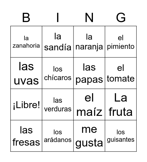 Frutas y Verduras (Palabras) Bingo Card
