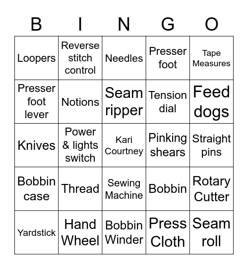 Sewing Bingo Card