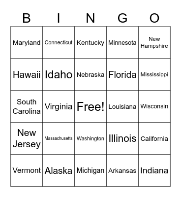 50 States Bingo Card