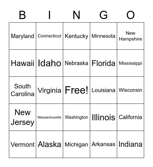 50 States Bingo Card