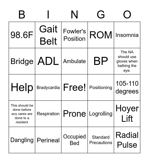 CNA Bingo Card