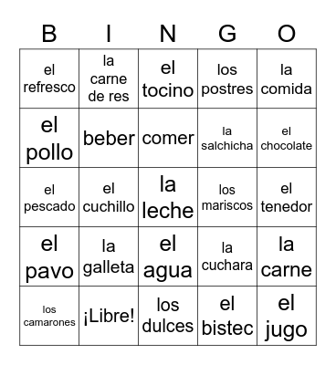 La Carne y Bebidas (palabras) Bingo Card