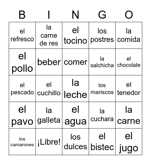 La Carne y Bebidas (palabras) Bingo Card