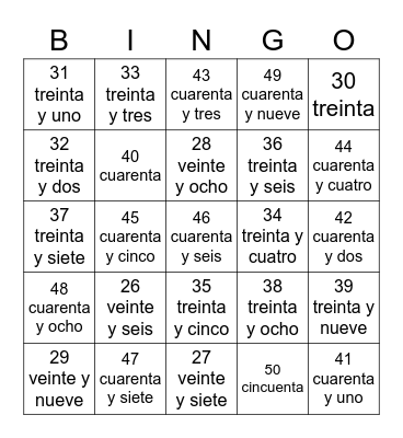 Spanish #s 26-50 Bingo Card