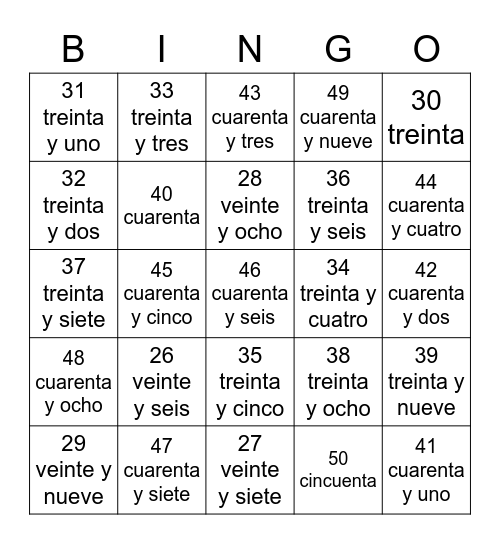 Spanish #s 26-50 Bingo Card