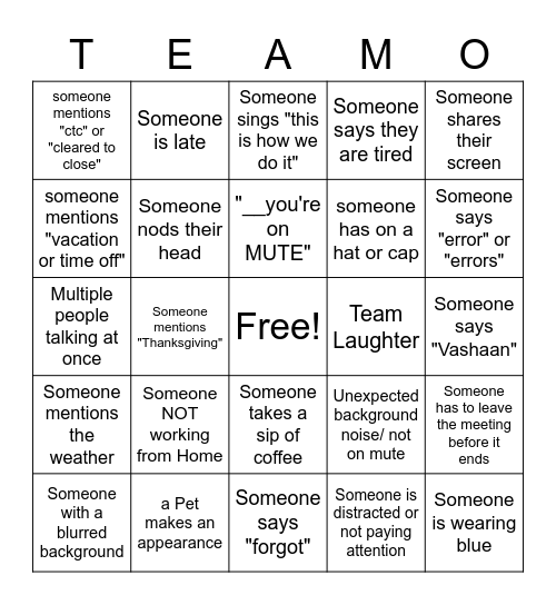 Team Bingo- TEAMO Bingo Card