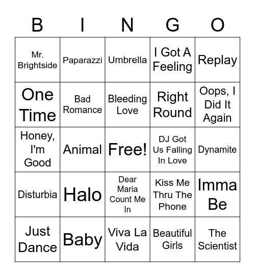 Throwback Playlist Bingo Card