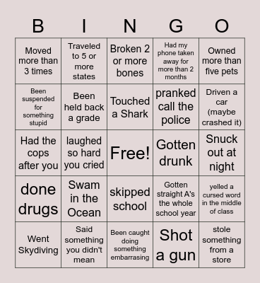 Thing I have Done Bingo Card