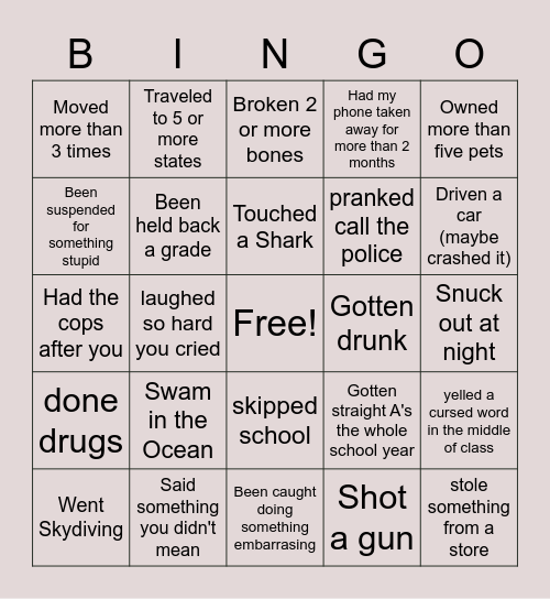Thing I have Done Bingo Card
